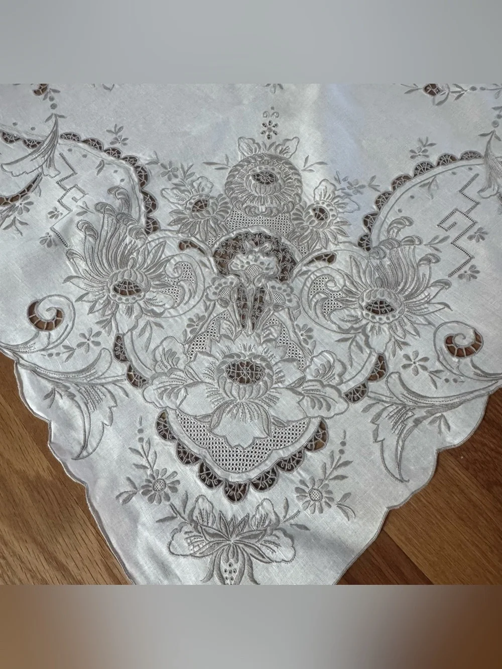 Vintage White Embroidered Cutwork Tablecloth 131” x 63” Floral Scalloped